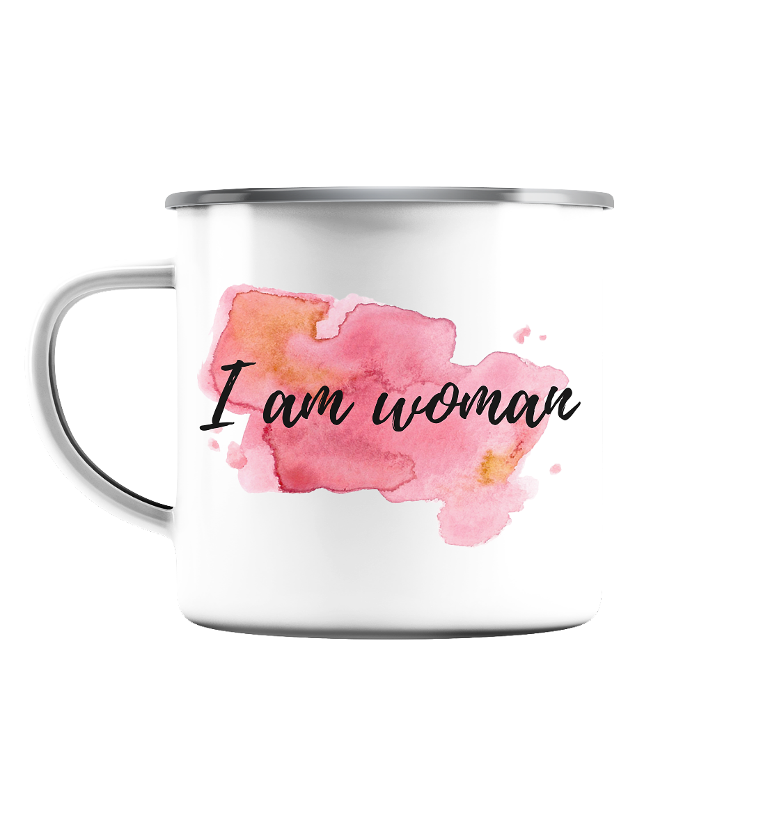 Emaille Tasse (Silber) "I am woman"