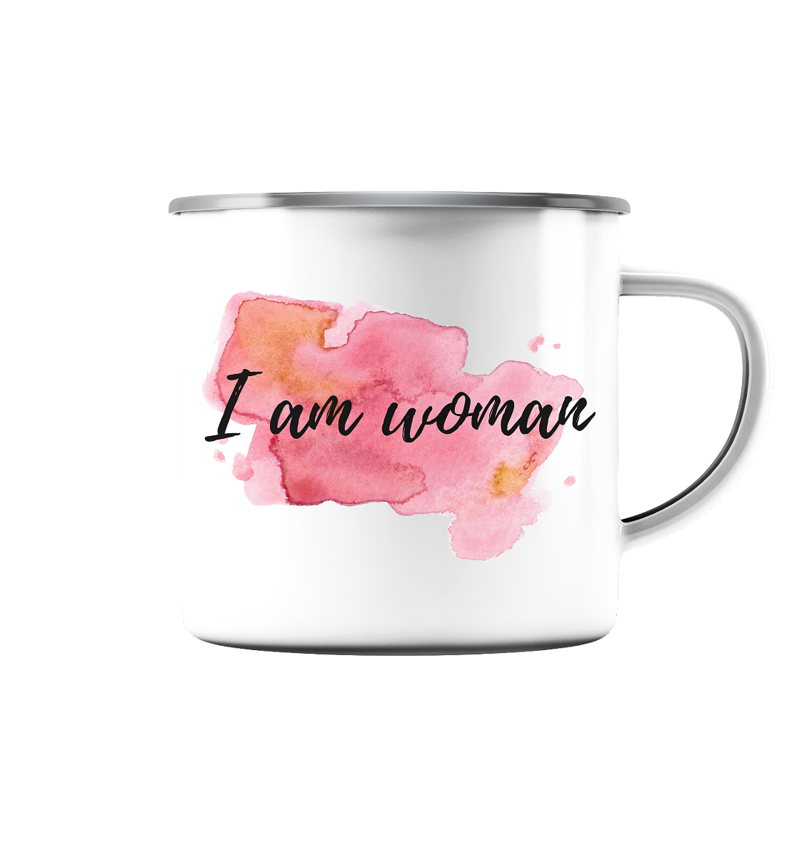 Emaille Tasse (Silber) "I am woman"