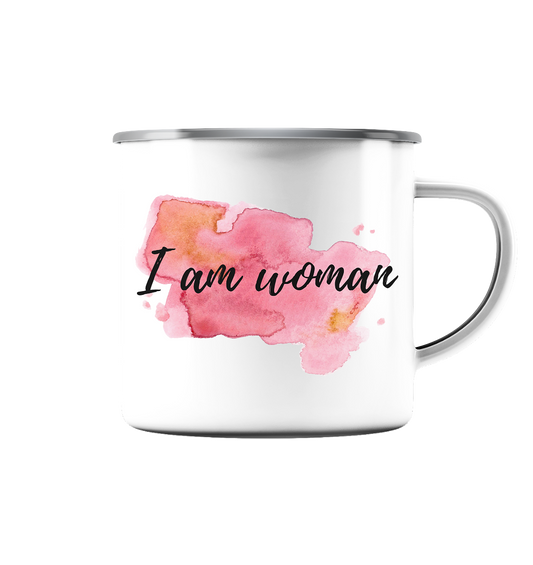 Emaille Tasse (Silber) "I am woman"