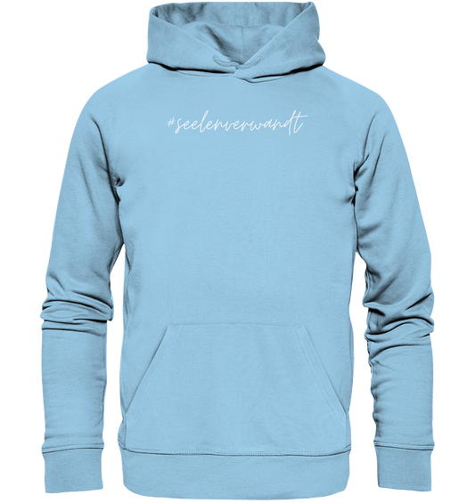 Damen Hoodie #seelenverwandt, weiße Schrift - aus 85% Bio-Baumwolle