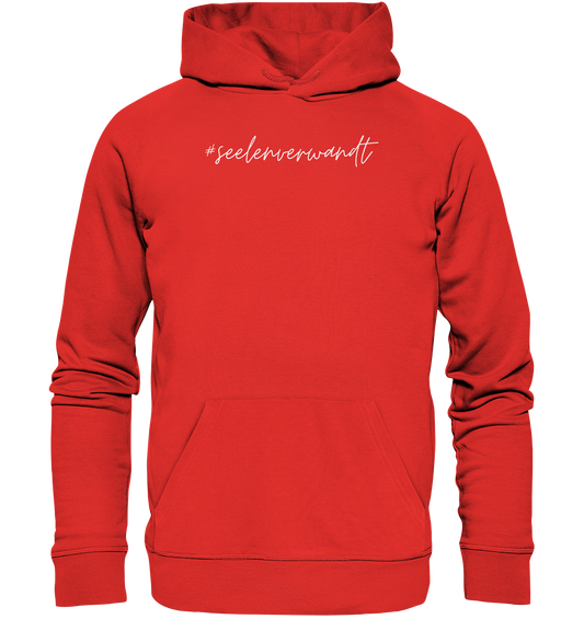 Damen Hoodie #seelenverwandt, weiße Schrift - aus 85% Bio-Baumwolle